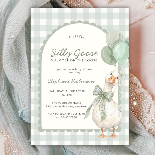 Dummer Gans Neutral Salbeigrün Gingham-Baby-Party Einladung (Von Creator hochgeladen)