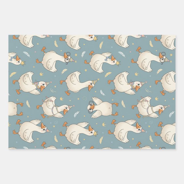 Dummer-Gans-Party – blauer Hintergrund mit Federn Geschenkpapier Set (Vorderseite)