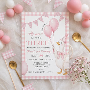 Dummer-Gans-Pink-Gingham-Mädchen-Geburtstags-Einla Einladung