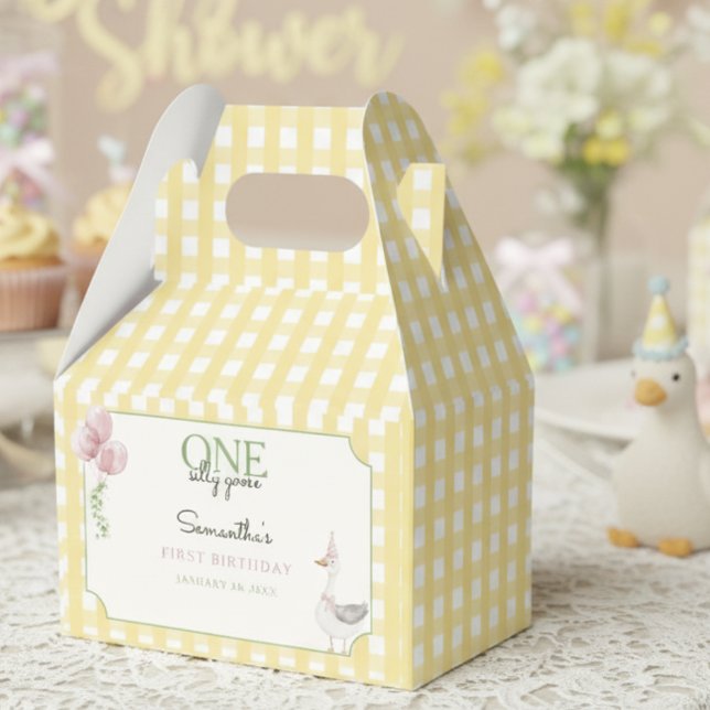 Dummer Gans Rosa Ballons Gingham 1. Geburtstag  Geschenkschachtel (One Silly Goose Favor Box)
