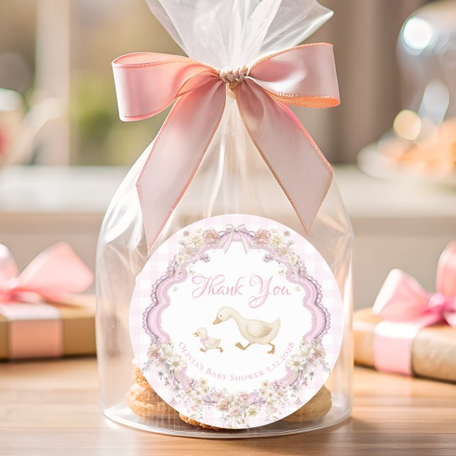 Dummer Gans Rosa Gingham-Baby Shower Danke Runder Aufkleber (Von Creator hochgeladen)