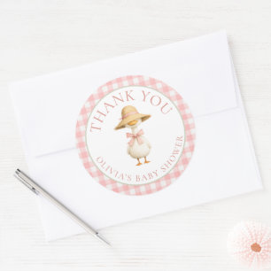 Dummer Gans Rosa Gingham Danke Baby Shower Runder Aufkleber