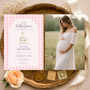Dummer Gans Rosa Gingham-Foto-Baby-Party Einladung