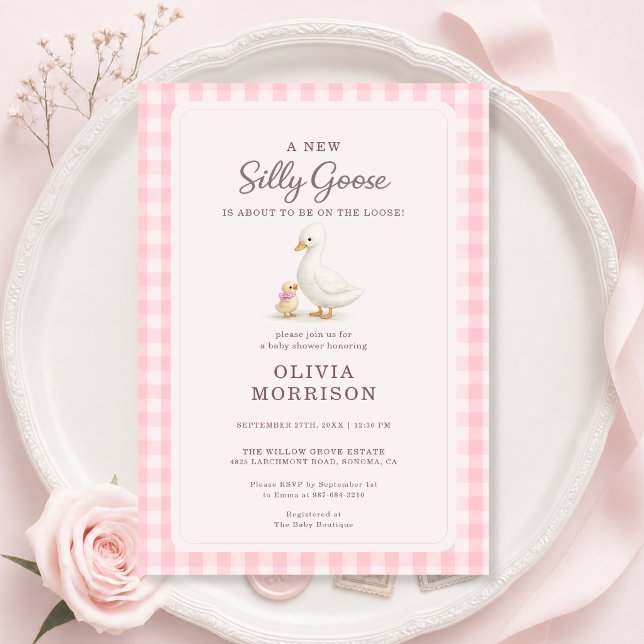 Dummer Gans Rosa Gingham Mädchen Baby Shower Einladung (Von Creator hochgeladen)