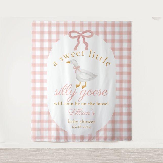 Dummer Gans Rosa Gingham Mädchen Baby Shower Hinte Wandteppich (Vorderseite)