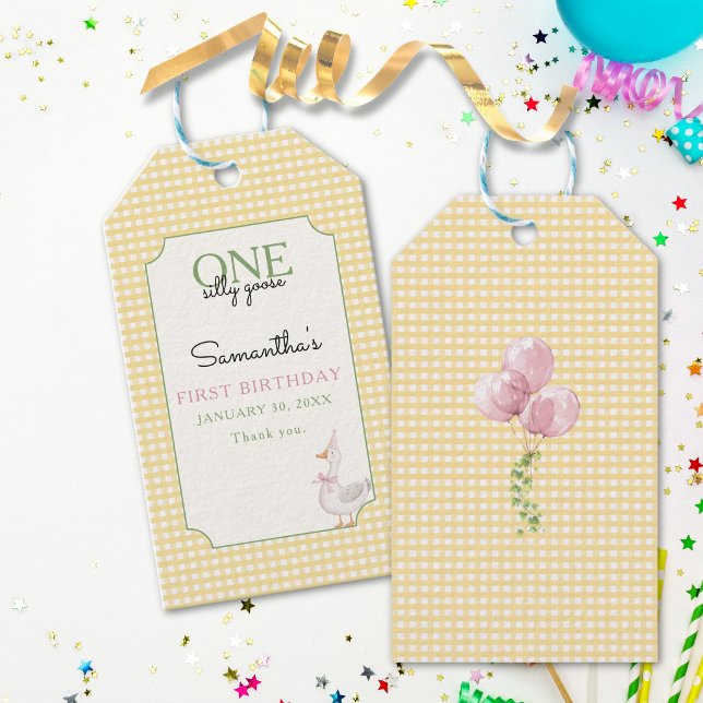 Dummer Gans Rosa Luftballons Geburtstag Geschenkanhänger (Silly Goose First Birthday Gift Tag)