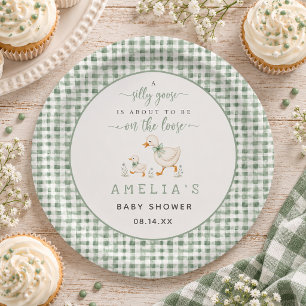 Dummer-Gans-Sage-Grün-Gingham-Baby-Party Pappteller