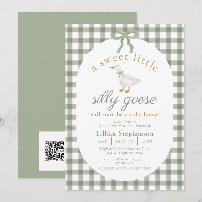 Dummer Gänschen Grün Gingham Babyshower QR-Code Einladung (Vorne/Hinten)