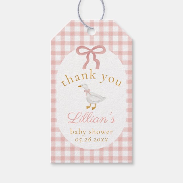 Dummer Gänschen Rosa Gingham-Baby-Party Dankeschön Geschenkanhänger (Vorderseite)