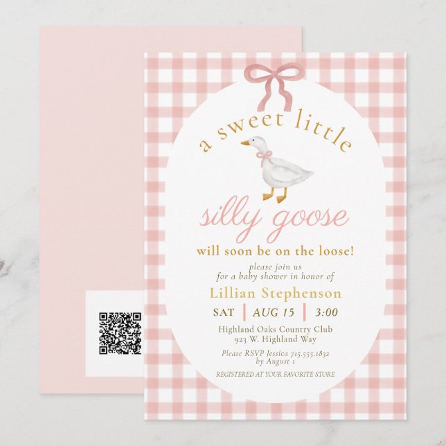 Dummer Gänschen Rosa Gingham Babyparty QR-Code Einladung (Vorne/Hinten)