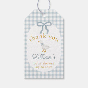 Dummer Gänseblauer Gingham-Baby-Shower-Dankeschön- Geschenkanhänger