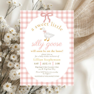 Dummer Gänseblush Rosa Schleife Gingham Baby Showe Einladung
