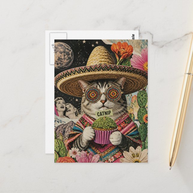 Dummer Kater mit Katzenminze-Cupcake-Collage Postkarte (Vorderseite/Rückseite Beispiel)