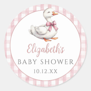 Dummer kleiner Gänse-Pink-Gingham-Baby-Empfang Runder Aufkleber