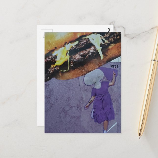Dummer lila Cheeseburger Pilz Dame Collage Postkarte (Vorderseite/Rückseite Beispiel)