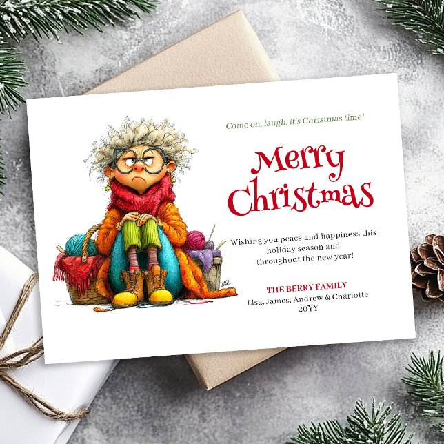 Dummer Weihnachtsfrau-Design auf personalisierbare Feiertagskarte (Silly Christmas Woman Custom Downloadable Card)