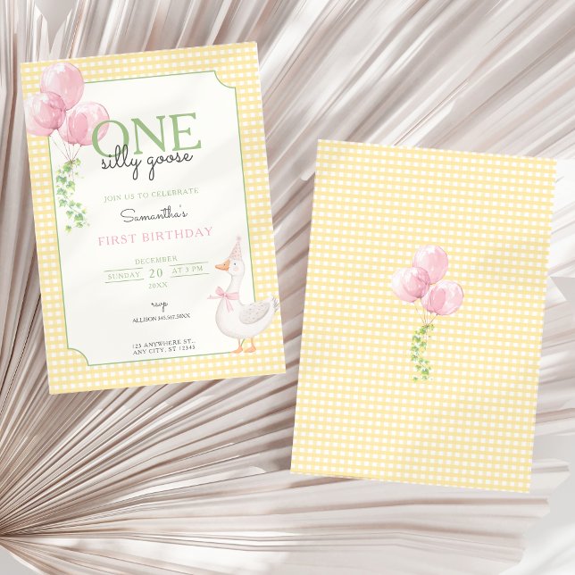 Dummerweise Gans Rosa Luftballons Gingham 1. Gebur Einladung (One Silly Goose Invitation)