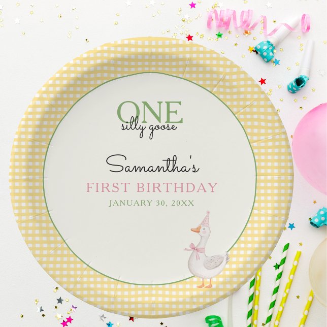 Dummerweise Gans Rosa Luftballons Gingham 1. Gebur Pappteller (One Silly Goose Paper Plate)