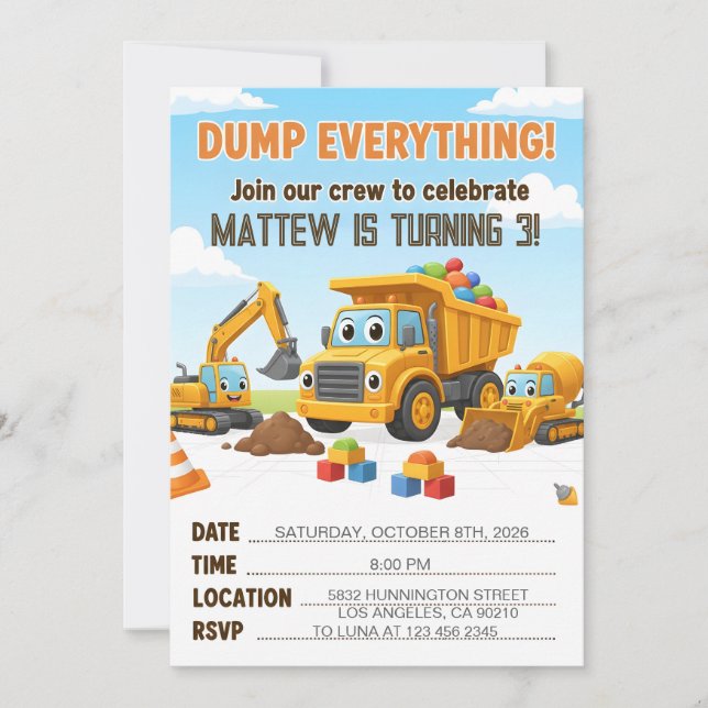 Dump Everything Construction Dump Truck Birthday Einladung (Vorderseite)