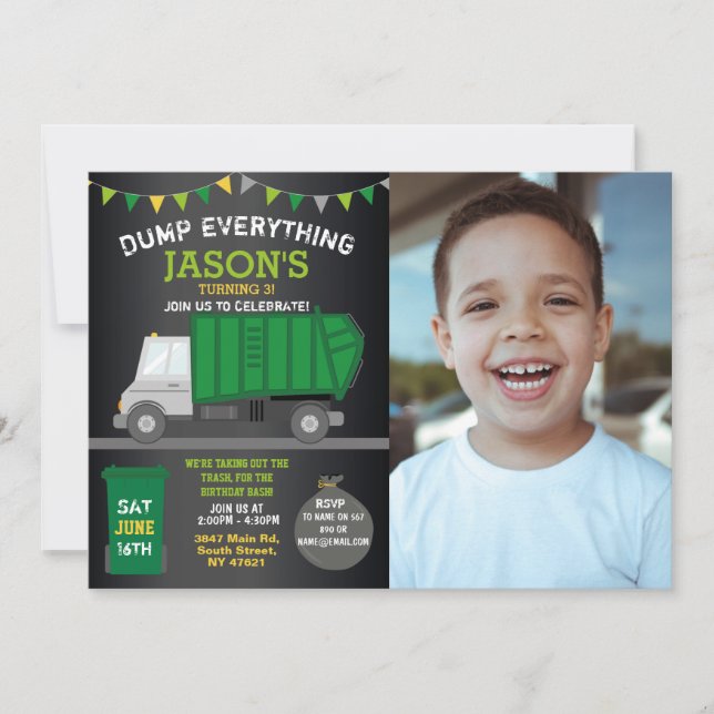 Dump Everything Fun Rubbish Truck Birthday Foto Einladung (Vorderseite)