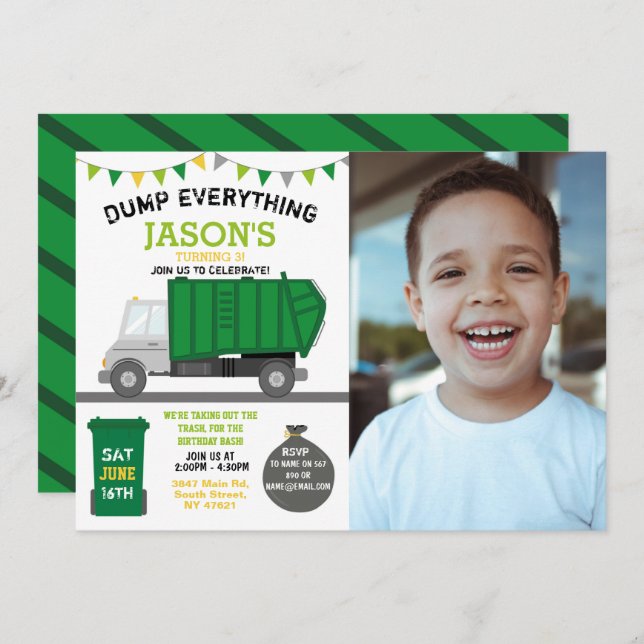 Dump Everything Fun Rubbish Truck Birthday Foto Einladung (Vorne/Hinten)