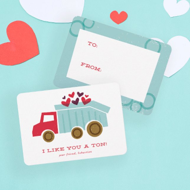 Dump LKW Kids Classroom Valentine's Day Card Dankeskarte (Modern hand drawn dump truck kids Classroom Valentine's Day cards.)