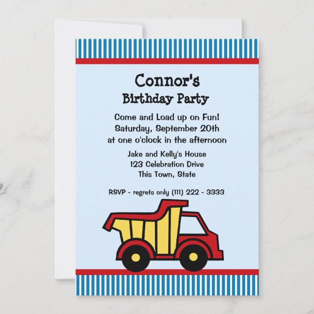 Dump Truck and Button Strip Birthday Party Einladung (Vorderseite)