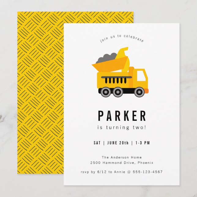 Dump Truck Construction Theme Geburtstag Einladung (Vorne/Hinten)