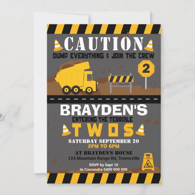 Dump Truck Party Einladung 2. Geburtstag (Vorderseite)