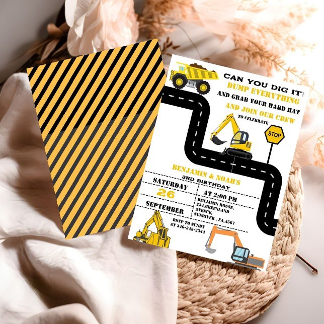Dump Truck Twin Boy Construction Geburtstag Einladung (Von Creator hochgeladen)