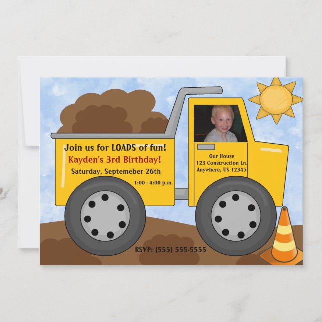 Dumptruck Kids Foto Geburtstag Einladung (Vorderseite)