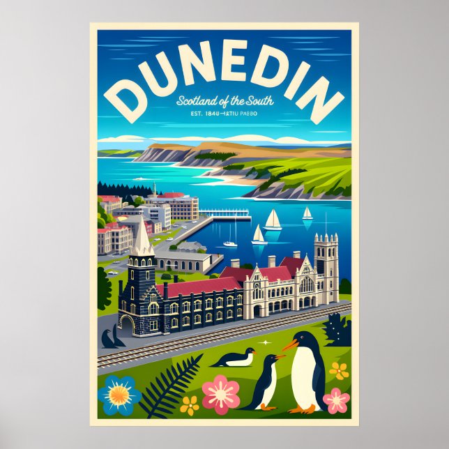 Dunedin Neuseeland Retro-Reiseposter-Kunst Poster (Vorne)