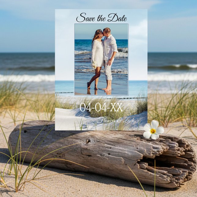 Dunes and Beach Foto Save the Date Postcard Ankündigungspostkarte (Save the Date postcard featuring your photo framed by an image of dunes overlooking a beach )