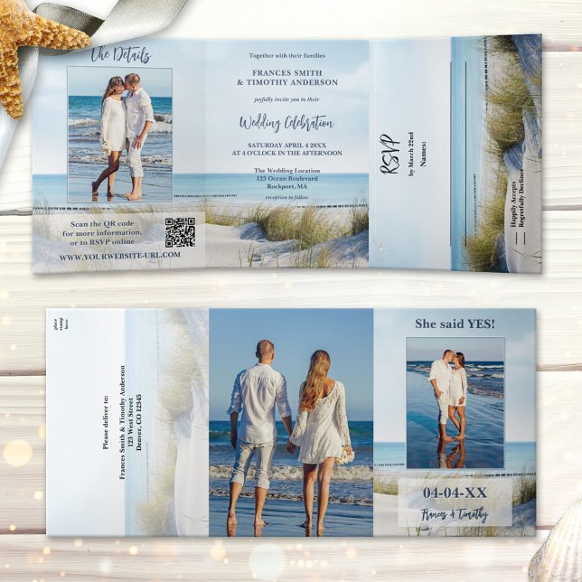 Dunes and Beach Photos All-in-one Wedding Dreifach Gefaltete Einladung (All in one wedding photo invitation featuring an image of dunes overlooking a beach and ocean)