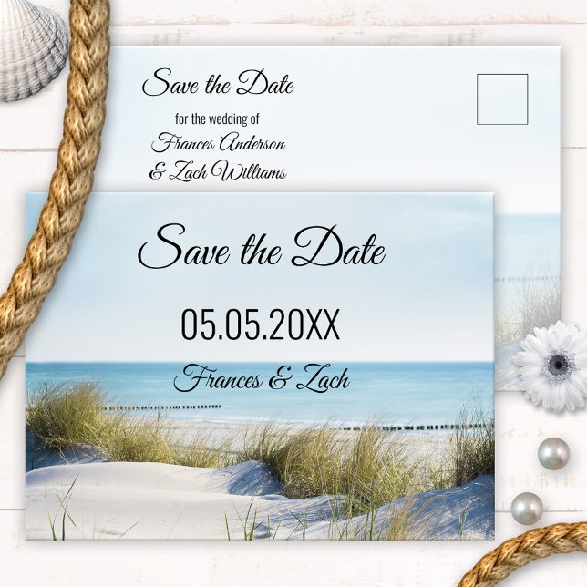 Dunes and Beach Save the Date Postcard Postkarte (A lovely Save the Date postcard featuring an image of dunes overlooking a beach and ocean)