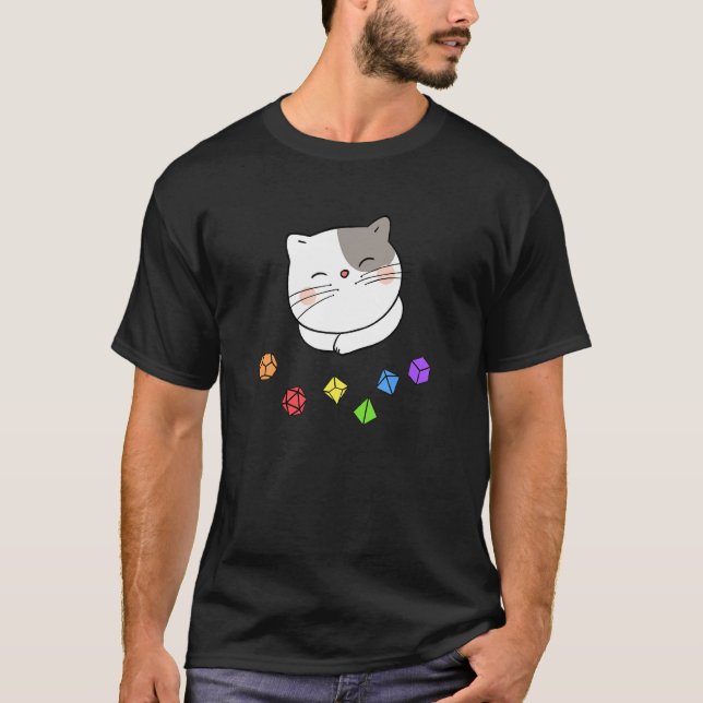 Dungeon Meowster und Nerdy Cat Polyhedral Dice Set T-Shirt (Vorderseite)