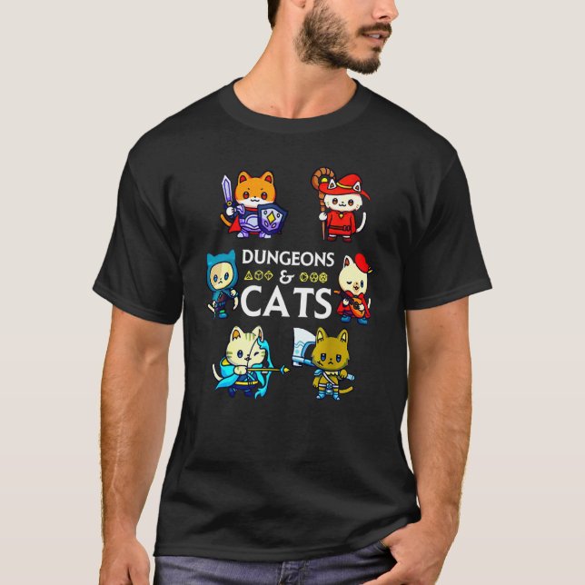 Dungeons and Cats RPG D20 Dice Nerdy Fantasy Gamer T-Shirt (Vorderseite)
