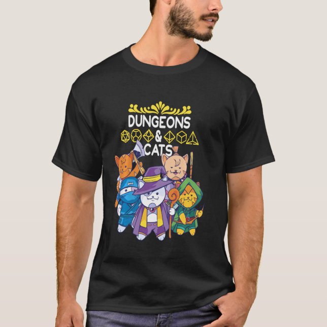 Dungeons and Cats Rpg D20 Fantasy Rollenspiel T-Shirt (Vorderseite)