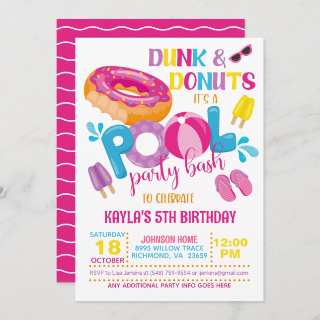 Dunk & Donuts Pool Party Einladung (Vorne/Hinten)