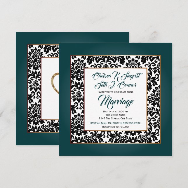 Dunkel Aquamarin grün, weiß und schwarz Einladung (Vorne/Hinten)