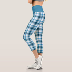 Dunkel Aquamarin Light Blue White Kariert Tartan K Capri Leggings