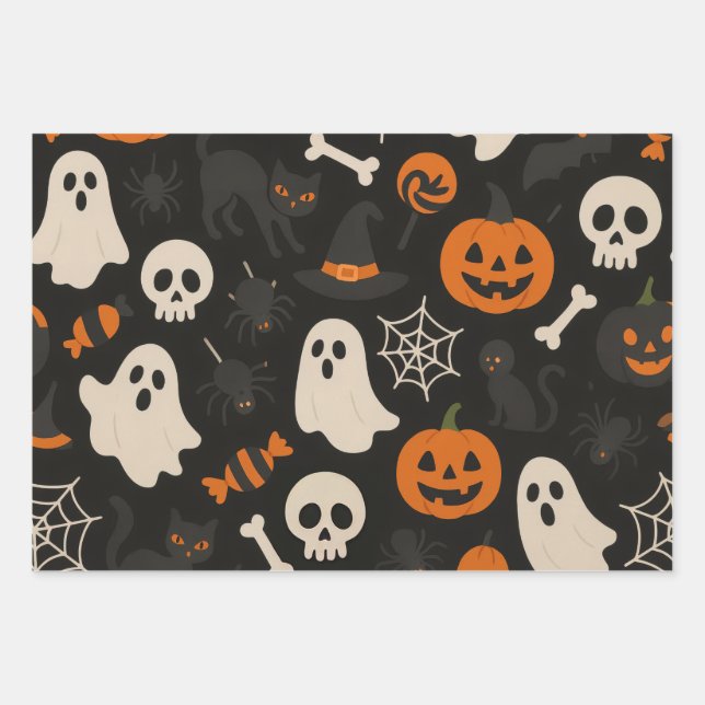 Dunkel gefärbtes Geschenkpapier mit Halloween-Moti Set (Vorderseite)