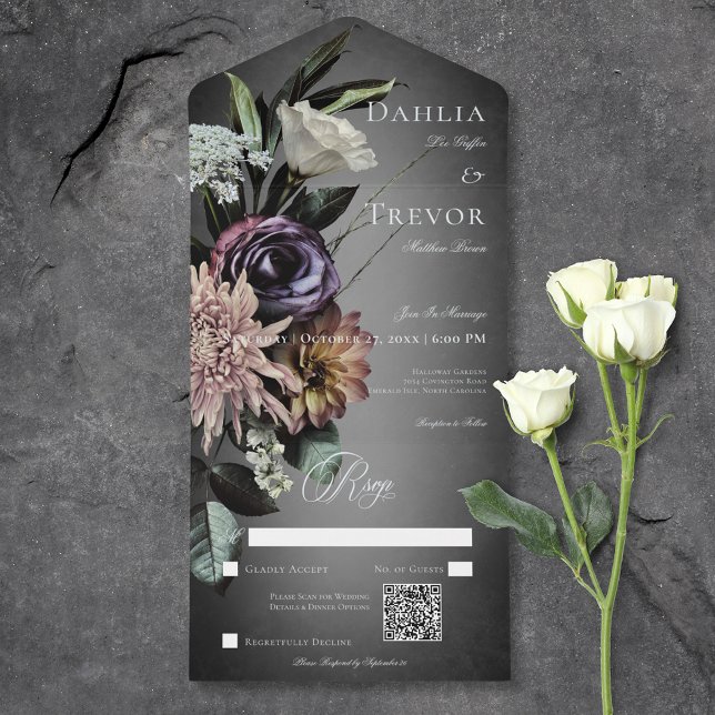 Dunkel-gotische geheimnisvolle, matte Bläschen QR- All In One Einladung (Dark Gothic Mysterious Muted Floral Blur QR Code All In One Invitation)