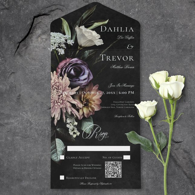 Dunkel-gotische geheimnisvolle Mute-Floral QR-Code All In One Einladung (Dark Gothic Mysterious Muted Floral QR Code All In One Invitation)
