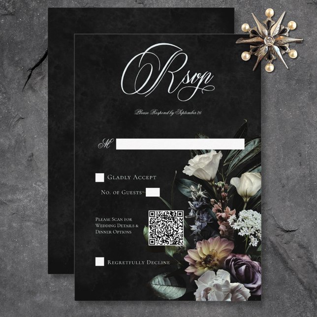 Dunkel-gotische geheimnisvolle Mute-Floral QR-Code RSVP Karte (Dark Gothic Mysterious Muted Floral QR Code RSVP Card)
