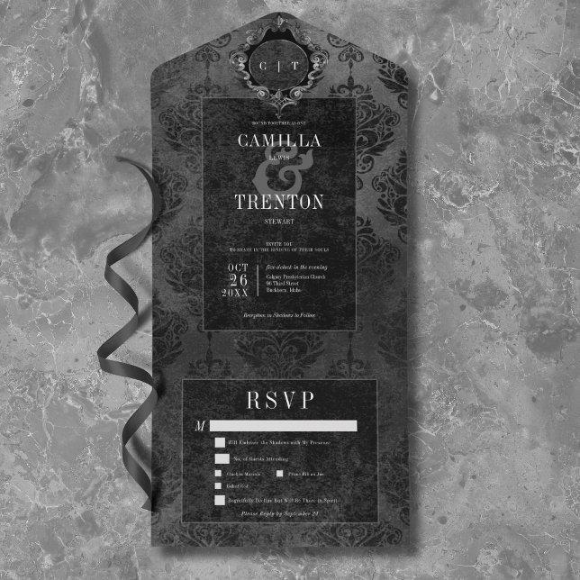 Dunkel-gotische Schwarz-schwarze Damaskus-Abendess All In One Einladung (Dark Gothic Black & Black Damask Dinner All In One Invitation)