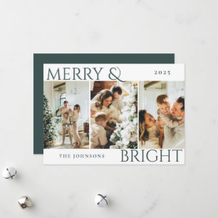 Dunkel grünes Merry & Bright Foto Collage Weihnach Feiertagskarte
