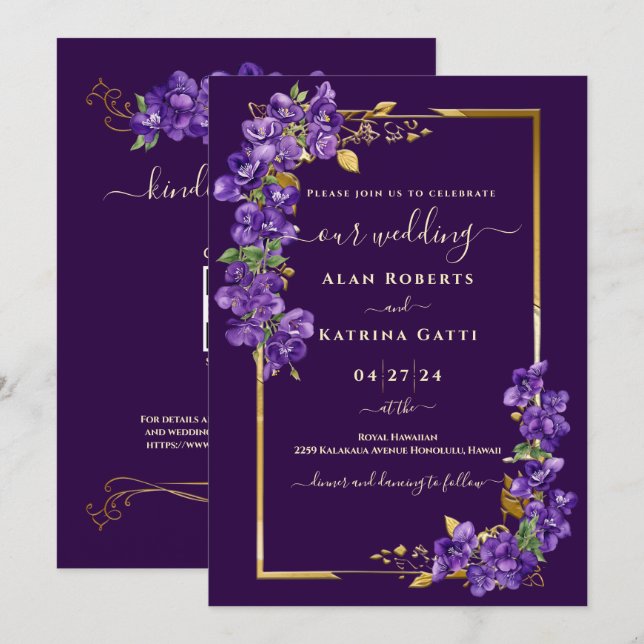 Dunkel Lila Violett Hochzeit RSVP QR Code Gold Rah Einladung (Vorne/Hinten)
