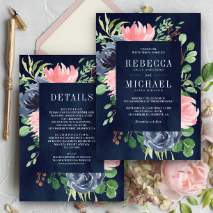 Dunkel Marineblau Rosa Floral Einteiler Hochzeit Einladung