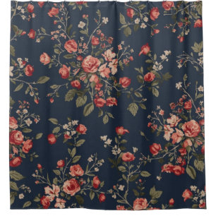 Dunkel marineblaue rote Salbei Cottage Floral Duschvorhang